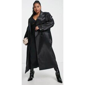 Asos Design Curve Black Satin Double Breasted Oversize Maxi Coat Size 18 NWOT
